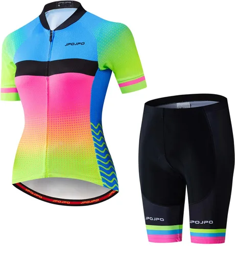 Vista 47 de Camiseta de ciclismo para mujer, manga corta y pantalones cortos de ciclismo acolchados para verano