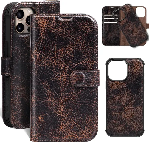 Vista 49 de Funda de cuero compatible con iPhone 16 Pro Max Cartera 6.9", cuero genuino 2 en 1, magnética, desmontable, a prueba de golpes, funda tipo folio