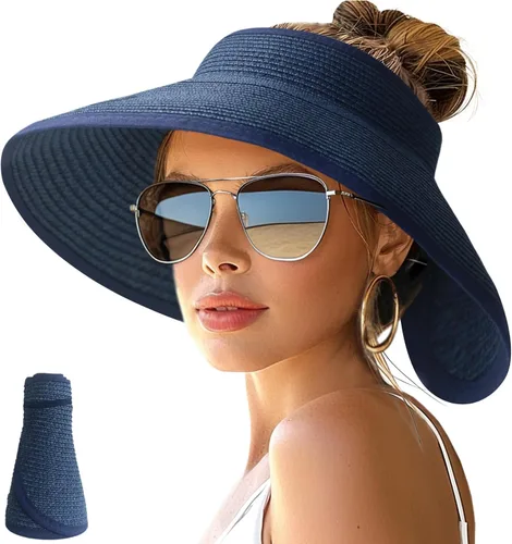 Vista 26 de NPJY Sun Hats for Women Wide Brim Roll-Up Ponytail Packable Straw Visor Blanco