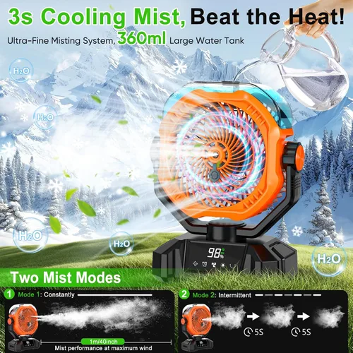 Vista 2 de Ventilador de niebla portátil, ventilador de camping recargable de 20000 mAh con tanque de agua de 12.2 fl oz y linterna LED, 5 velocidades