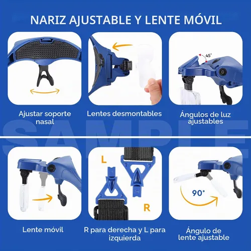Vista 6 de YOCTOSUN - Gafas de aumento con luz, lupa de diadema manos libres con 4 luces LED y 5 lentes desmontables de 1X a 3.5X, lupa de cabeza recargable