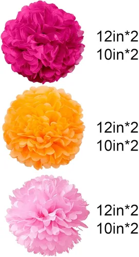 Vista 2 de GAKA Pompones de papel de seda rosa intenso (rojo rosa), rosa y naranja, decoraciones para fiestas, flores de seda colgantes de 10 y 12 pulgadas, 12