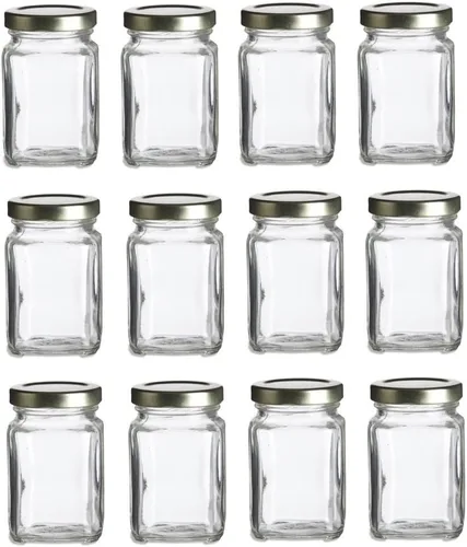 Vista 2 de Nakpunar Tarros de vidrio cuadrados victorianos con tapas forradas de plastisol (negro, 3.75 fl oz)