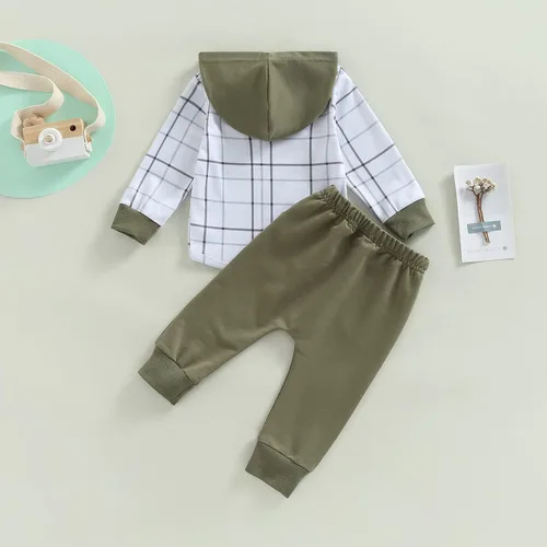 Vista 49 de Ropa de bebé niño 3 6 9 12 18 24M 3T Conjunto de pantalones con capucha patchwork sudadera con capucha pantalones de rayas traje de otoño invierno