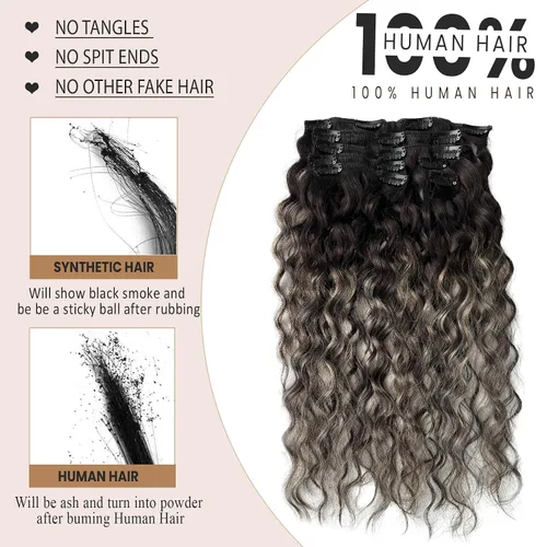 Vista 2 de Extensiones de cabello humano real con clip, de 12 pulgadas, de color marrón oscuro, ondulado, natural, rizado y rizado, 2.47 onzas, 7