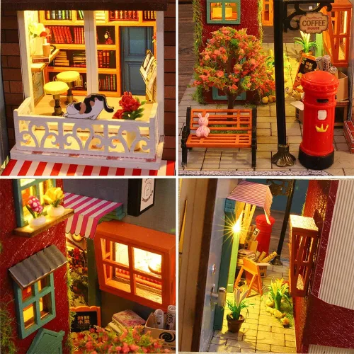 Vista 5 de Roroom Kit de casa de muñecas en miniatura y muebles, modelo de casa de muñecas de madera 3D con cubierta a prueba de polvo y movimiento musical
