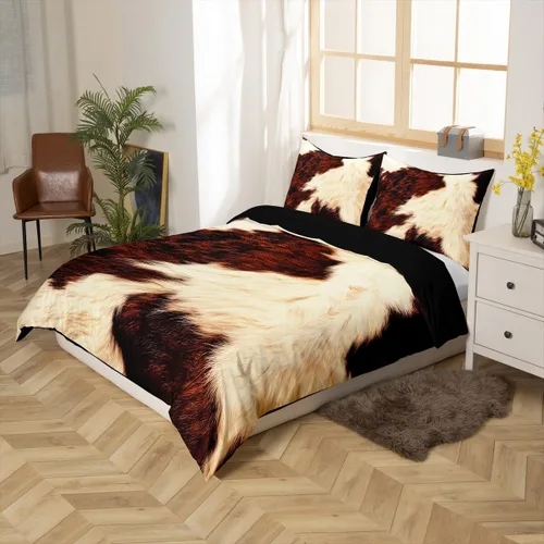 Vista 2 de Funda de edredón con estampado de vaca, tamaño individual, color marrón, beige, blanco, cuero de vaca occidental, juego de ropa de cama de pelo