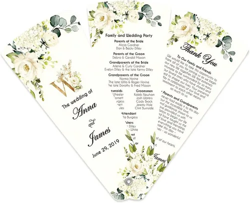 Vista 9 de DORIS HOME Abanico de Programa de Bodas Azules Personalizado, 50 Uds., 5 pulgadas de ancho x 7 pulgadas de alto, lazos de cinta azul con perlas 5