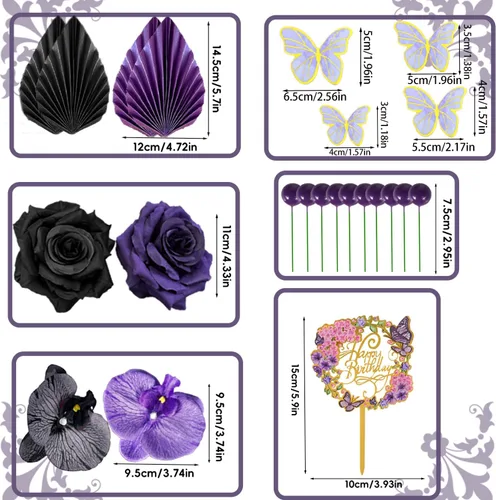 Vista 2 de 29 piezas de decoración de pastel de flores, hojas de palma, bola de mariposa, decoración bohemia para tartas, decoración de pastel de cumpleaños