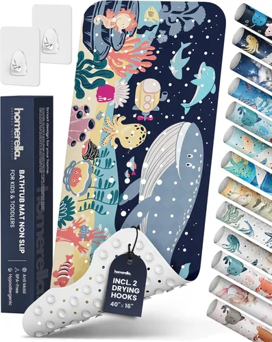 Vista 26 de Homerella - Alfombrilla de baño antideslizante y antideslizante para niños, 40 x 16 pulgadas, sin BPA, incluye 2 ganchos, tapete de ducha lavable