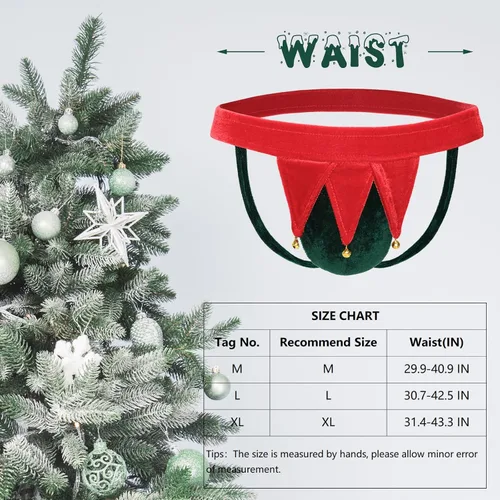 Vista 6 de FreeNFond Gag Gift Chritmas Elf Thong Men G-String M Ropa interior con cascabeles