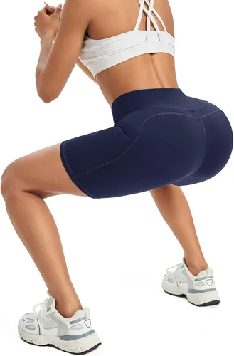 Vista 2 de G4Free Pantalones cortos de yoga para mujer de cintura alta con bolsillos de entrenamiento para correr, pantalones cortos de entrenamiento y control