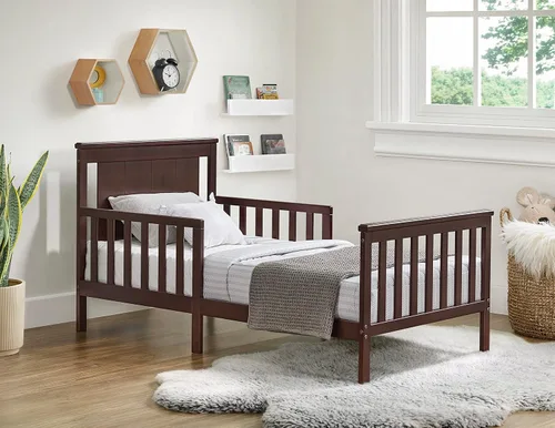 Vista 3 de Oxford Baby Lazio Cama infantil con estructura de madera con barandillas y línea recta, cabecero, color marrón espresso