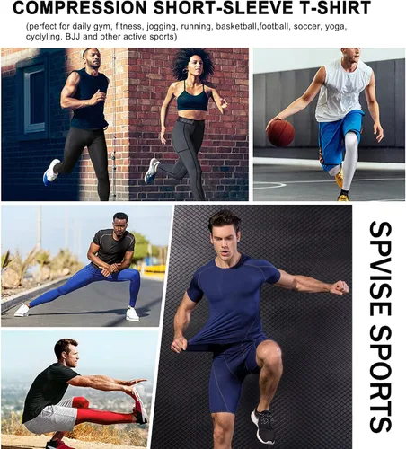 Vista 5 de SPVISE - Juego de 1 o 2 camisetas de compresión para hombre, de manga corta, para entrenamiento atlético, top para correr, camiseta fresca y activa