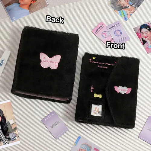 Vista 3 de Carpeta A5 Kpop - Álbum de fotos de felpa con 20 fundas interiores de 3 pulgadas para álbum de fotos en hojas sueltas, rellenable, 6 anillos, Negro