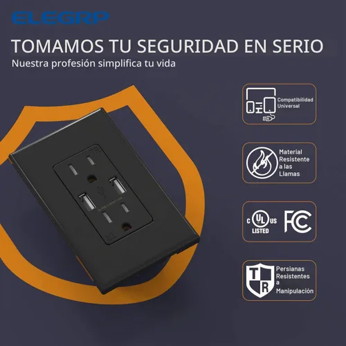 Vista 4 de ELEGRP Receptáculo de toma de pared USB con puertos USB duales de 4.0 A, receptáculo dúplex resistente a manipulaciones de 15 amperios, toma de Negro