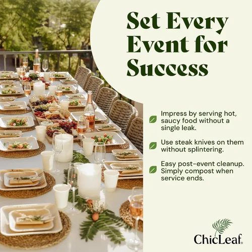 Vista 3 de Chic Leaf Platos desechables cuadrados de hoja de palma de bambú, paquete de 100 unidades de 8 pulgadas, vajilla biodegradable y compostable, platos