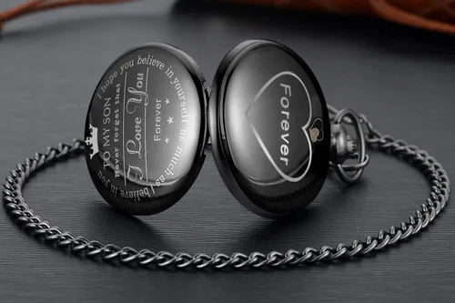 Vista 4 de LYMFHCH Reloj de bolsillo negro con patrón personalizado Steampunk retro vintage de cuarzo con números romanos