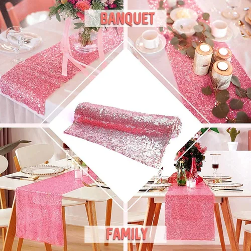 Vista 6 de yuboo Camino de mesa de lentejuelas rosas, paquete de 6 manteles con purpurina de 12 x 72 pulgadas para mujeres y niñas, cumpleaños, boda, despedida