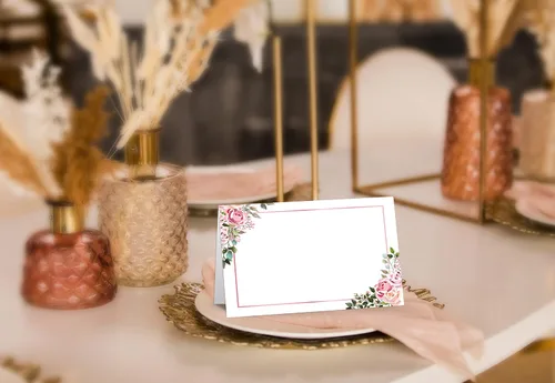 Vista 4 de Juego de 25 tarjetas de mesa estilo tienda de campaña, estilo bohemio, color rosa rubor, tarjetas de identificación editables para asientos de mesa
