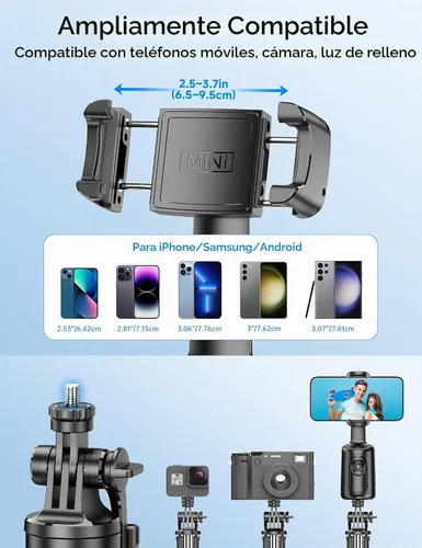 Vista 6 de Trípode de seguimiento facial automático de 66 pulgadas para iPhone, rotación de 360°, soporte de trípode con control remoto, soporte de disparo