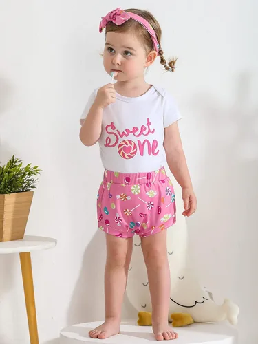 Vista 5 de ESHOO Conjunto de mameluco para bebé niña con estampado de caramelo, pantalones acampanados, diadema