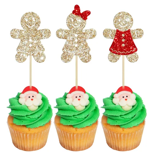 Vista 17 de Gyufise 24 piezas Adornos de pastel para revelación de género de Navidad con purpurina, sombrero navideño de Navidad, adorno de pastel de él o ella