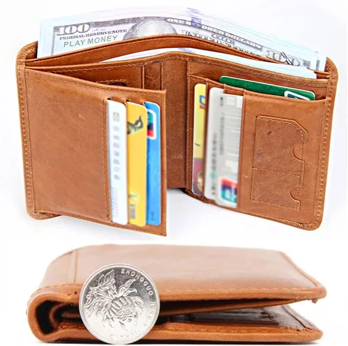 Vista 5 de Billetera corta de cuero genuino de alta capacidad para hombre bloqueo RFID multifuncional elegante delgada para fotos y tarjetas de crédito masones