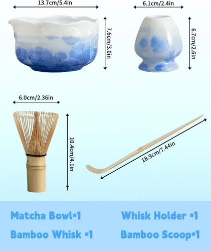 Vista 5 de Juego de Matcha de Cristal Natural con Flores - 4 Piezas Kit de Matcha de Grado Alimentario con Tazón con Pico, Batidor de Matcha, Cucharón