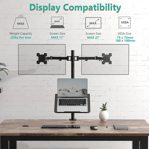 Vista 3 de WALI Soporte de Monitor Dual, Soporte para Laptop y Monitor para 2 Pantallas y 1 Laptop, Montura de Escritorio Extra Alta para Monitor de hasta 27