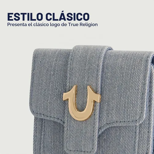 Vista 8 de True Religion Women's Mini Wallet, Horseshoe Logo Small Compact Trifold Clutch Purse Mezclilla clara