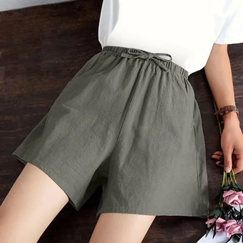 Vista 2 de YYNS Bermudas para mujer, pantalones cortos casuales de cintura alta, de lino, sueltos, delgados, de pierna ancha, pantalones cortos de lino
