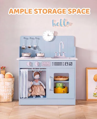 Vista 5 de MAMIZO Juego de cocina para niños pequeños, juego de cocina de juguete de madera para niños con almacenamiento inteligente, último interactivo, Azul