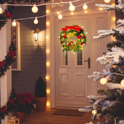 Vista 4 de Corona de Navidad artificial preiluminada, 12 pulgadas para puerta delantera, decoración de invierno de vacaciones con luces LED a