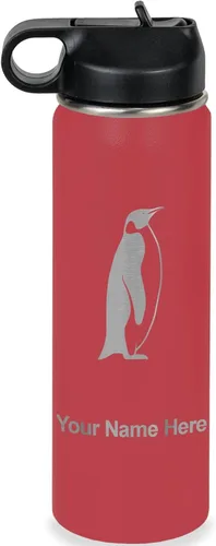 Vista 9 de LaserGram Botella de agua personalizada, pingüino, acero inoxidable de doble pared aislada al vacío con popote superior, regalo grabado
