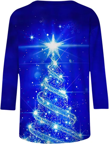 Vista 5 de Three Quarter Sleeve Tops for Women Fashion Christmas Tree Graphic Printed Pullover Shirt Slim Fit Casual Sweatshirt