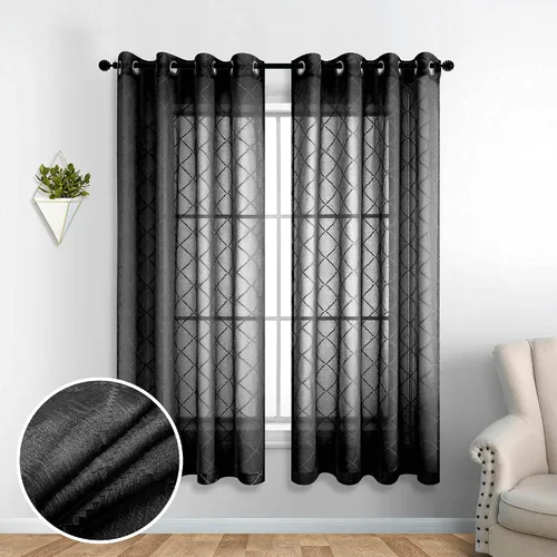 Vista 2 de KOUFALL Cortinas negras de 63 pulgadas de largo para dormitorio, juego de 2 paneles transparentes con ojales para ventana, cortinas geométricas