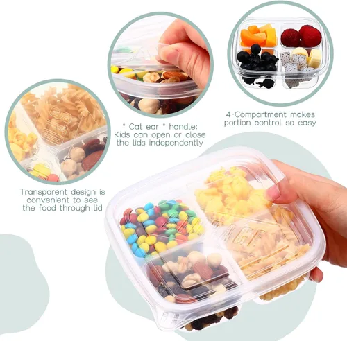 Vista 2 de 50 cajas Bento de plástico transparente, 4 compartimentos, reutilizables, contenedores de alimentos a prueba de fugas, caja Bento con tapas