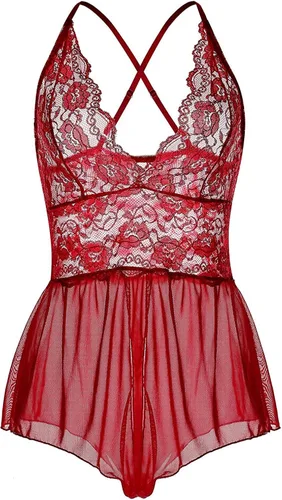 Vista 3 de Lencería para mujer, de encaje transparente, mini babydoll de peluche, sexy, sin espalda, ropa de dormir