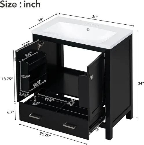 Vista 2 de Tocador de baño multifuncional de 30 pulgadas con lavabo individual, armario combinado de montaje inferior, marco de gabinete de baño de madera