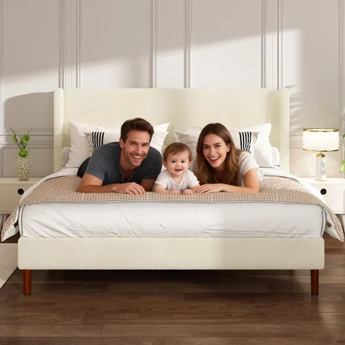 Vista 7 de Base de cama matrimonial, plataforma tapizada Boucle con cabecera con respaldo de alas, fuerte soporte de listones de madera, base de colchón sin