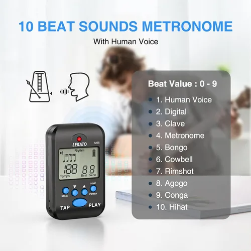 Vista 2 de LEKATO Metrónomo digital, mini metrónomo electrónico LCD recargable, voz humana, clip, 10 sonidos de ritmo, volumen ajustable, metrónomo M65