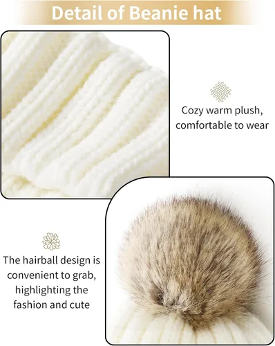 Vista 4 de DOFOWORK Gorros de invierno para mujer, gorro de invierno para mujer con pompón de piel sintética cálido
