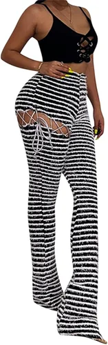 Vista 2 de Women Summer Skinny Striped Long Pants High Waist Hollow Out Tie-up Slim Fit Trousers Streetwear