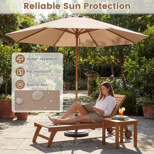 Vista 4 de HAPPYGRILL Sombrilla de patio de 9 pies, sombrilla de mercado para mesa al aire libre con 8 varillas de bambú resistentes, poste de madera, toldo