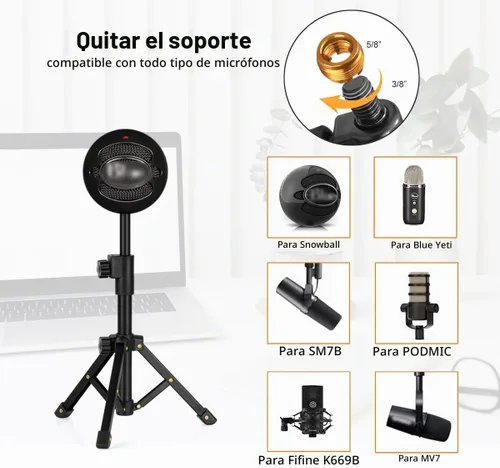 Vista 3 de Soporte de micrófono de mesa, soporte de micrófono de escritorio ajustable con clip de micrófono y macho de 5/8 pulgadas a tornillo hembra de 3/8