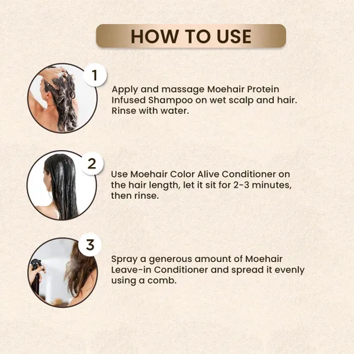Vista 5 de MOEHAIR Juego de trío de viaje: champú con infusión de proteínas, acondicionador Color Alive y acondicionador sin enjuague, fortalecimiento e