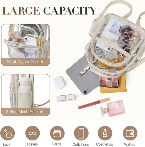 Vista 24 de Missnine Mochila transparente aprobada para estadios, mini bolsa transparente de PVC grueso con ribete de cuero para eventos deportivos, conciertos