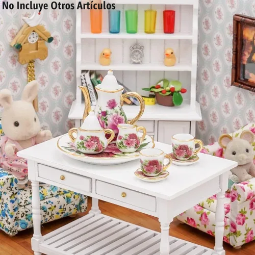Vista 2 de Odoria Juego de té de porcelana en miniatura 1/6, 8 piezas, accesorios de decoración de casa de muñecas, rosa roja Multicolor
