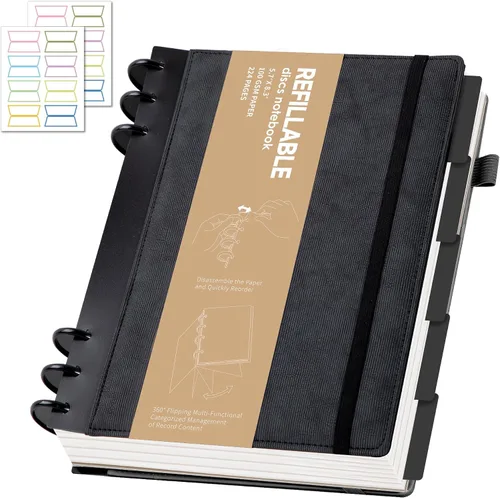 Vista 20 de Yoment - Cuaderno de diario de cuero para trabajo, recargable, 224 páginas, 100 GSM, papel grueso, cuaderno de 5 materias con separadores y pestañas